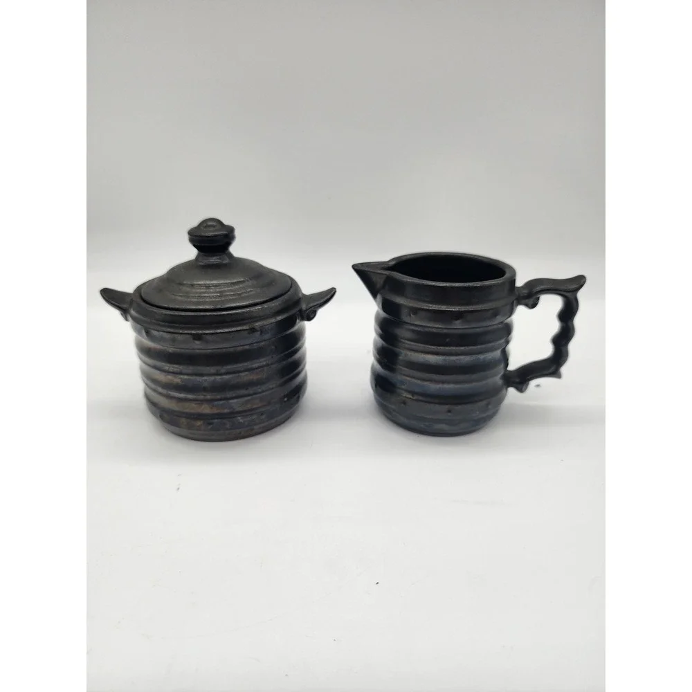 Vintage Japanese Red Ware Black Iridescent Ribbed Ceramic Sugar and Creamer Set